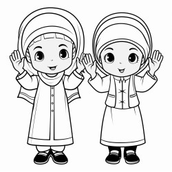 two little cartoon muslim girls wearing jilbab praying salah standing with hands raised up by ears