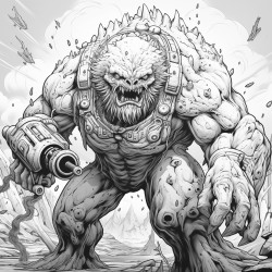 monster made of lava shooting a lava minigun