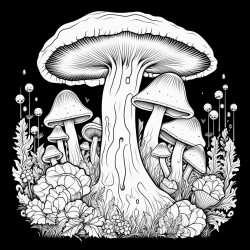 black background mushroom overgrowth surrounding a portal mysterious flower