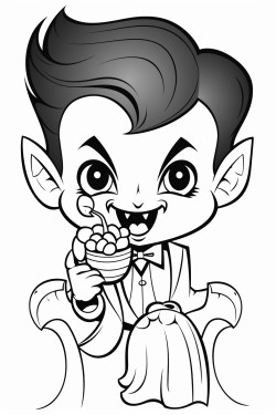 creepy but cute vampire eating a candy apple