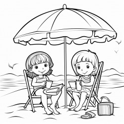 kids at the beach with their supplies by their chair under a umbrella