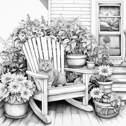 a front porch scene with a sunflower in a pot a cat and a rocking chair
