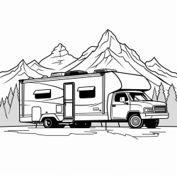 a camper towed by a truck with mountains in the background