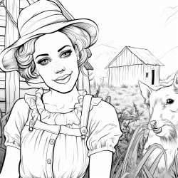 a beautiful country woman with check shirt and a hairbun leaning against a scarecrow