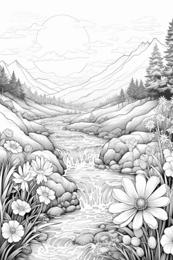 flower meadow with animals and a stream and a sunrise coloring page
