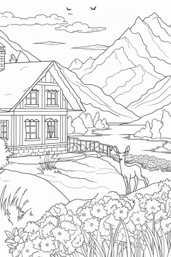 switzerland landscape with a quaint stone house surrounded by flowers and a cypress tree a deer graze in lavender fields