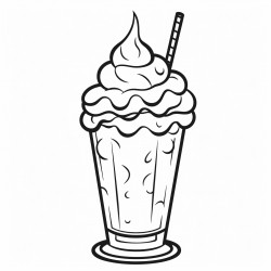 cartoon outlined in black line a milkshake in a tall glass with whipped cream and a cherry on top