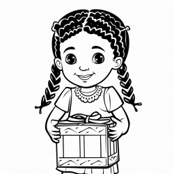 african american little girl with cornrows  wearing a dress with fringes at the bottom that is lifting a box s