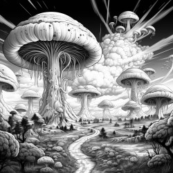 mushroom planet with alien dinosaurs running across and landscape where a volcano is erupting in the background