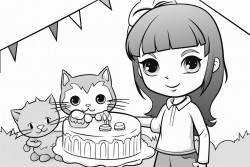 birthday postcard for a small girl from her adult male neighbor with cat in the background