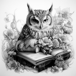 mago con gato y buho en habitacion con libros y artefactos de magia