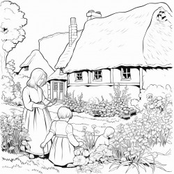 mother with 5 children weeding a garden in an old english countryside next to cobbled cottage with thatched roof