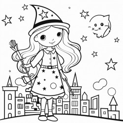a little witch in a big city with the stars and moon out she has a broom and a white cat