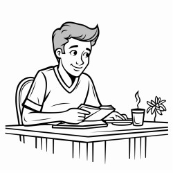 a man sitting at a table and taking a bite of a book