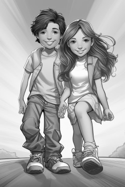 young boy and young girl skateboarding in the street