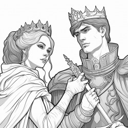 a female assassin holding a dagger to a prince wearing a crown throat
