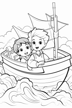 worried boys working in a big boat with a big storm