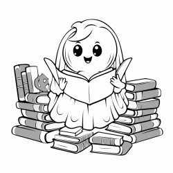 s cute ghost reading a book in a library