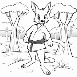 a kangaroo wearing a black belt in the forest