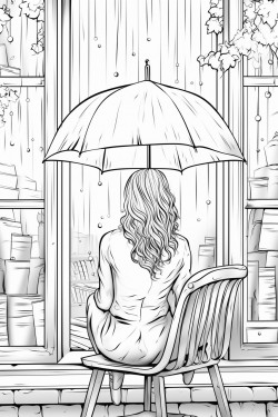 raining girl back window bookshelf coffee sketch