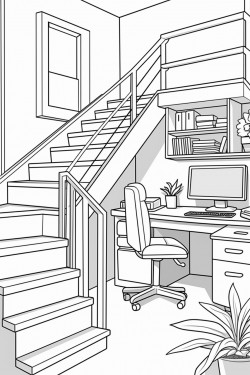 basement with stairs and office