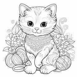 can you design a coloring sheet with a cute chubby cat playing with yarn