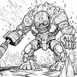 a monster made of lava shooting a lava minigun