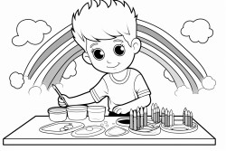 a little boy painting rainbows on a table with many colors