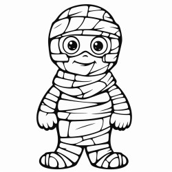 image with black lines on a white background illustrating a friendly mummy with bandages wrapped around its body for coloring in large coloring book style no solid fill ample white space for easy coloring ideal for kids coloring books enhanced line clarity