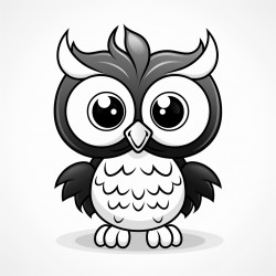 black and bright white whimsical cartoon baby owl full body on white background coloring page