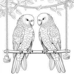 two budgies sitting on a swing
