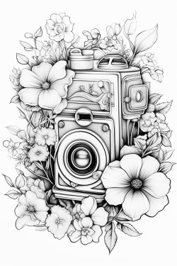 old school steam punk camera with flowers around it