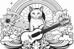 a cat is surfing on a rainbow across the universe between planets and suns no black areas