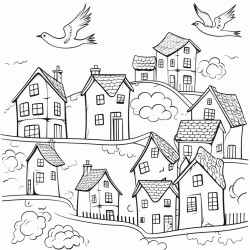 birds sauring above houses