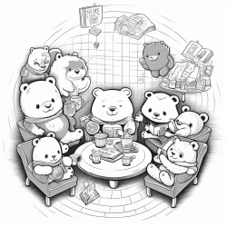 illustration a group of teddy bears sitting in a circle discussing their band plans with a teddy bear holding a notepad background a cozy living room with musical posters on the walls and a coffee table with snacks