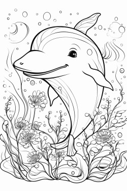 cute whale in water with flowers and butterflys