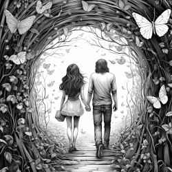 short heavyset young woman with long hair and tall slender younger teenage  brother with shoulder length hair walking through a tunnel of butterflies