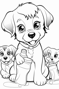 18 puppies playing with some drinking bottles