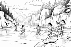 native americans crossing a river on foot using a grapevine as a rope to keep them connected