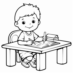 a little boy coloring on a table with many colors