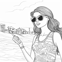 skinny woman at beach wearing bikini sunglasses holding drings