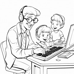 uncle playing keyboard and computer with blonde nephew