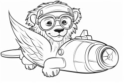 a lion mascot flying in a biwing airplane wearing aviation goggles