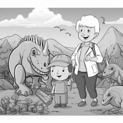 grandma and grandson with dinosaurs in background