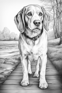 beagle dog walking in the park with a cat coloring page