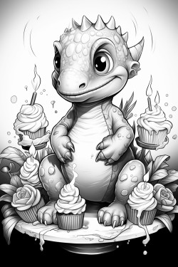 can you draw the outlines of a cute dinosaur trying to blow his birthday cakes candles