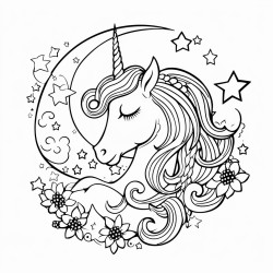 a unicorn with a starry mane and tail floating on a crescent moon