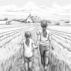 view from behind two kid sisters holding hands walking through a hay field across rolling hillstowards a distant barn
