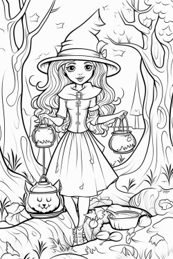 a whimsical witch brewing a potion in a forest