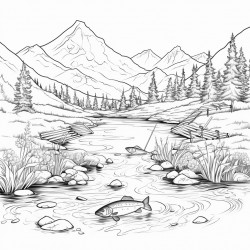 summer mountain stream with fish fishing poles